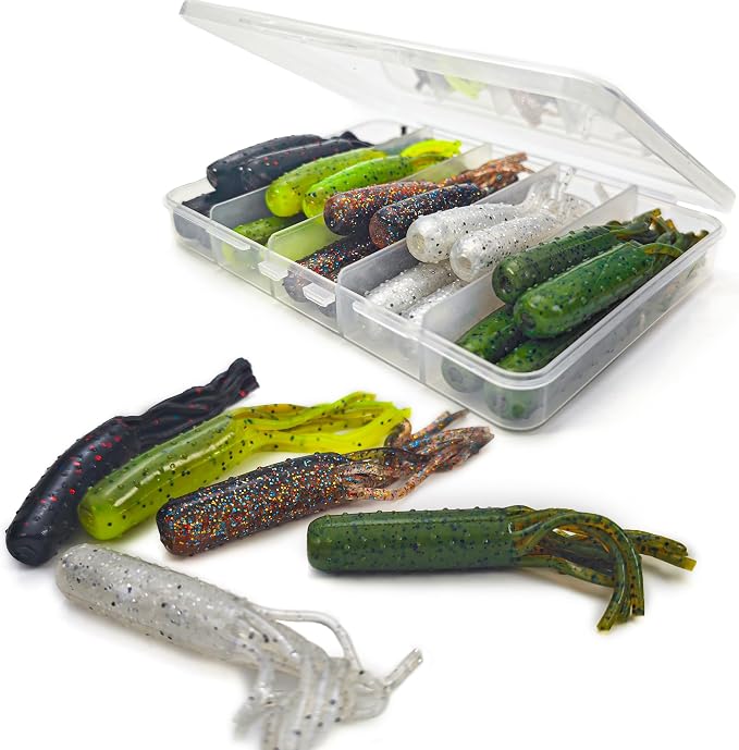 20Pcs Tube Baits Soft Plastic Worms Bass Fishing Lures for Tube Jig Heads Hook Freshwater Saltwater, 3.5 Inch