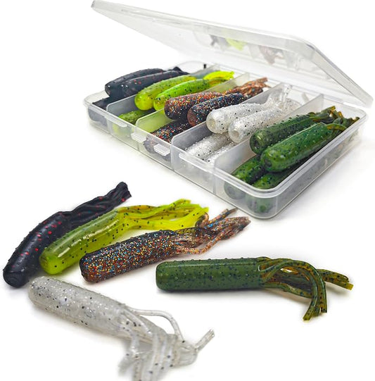 20Pcs Tube Baits Soft Plastic Worms Bass Fishing Lures for Tube Jig Heads Hook Freshwater Saltwater, 3.5 Inch