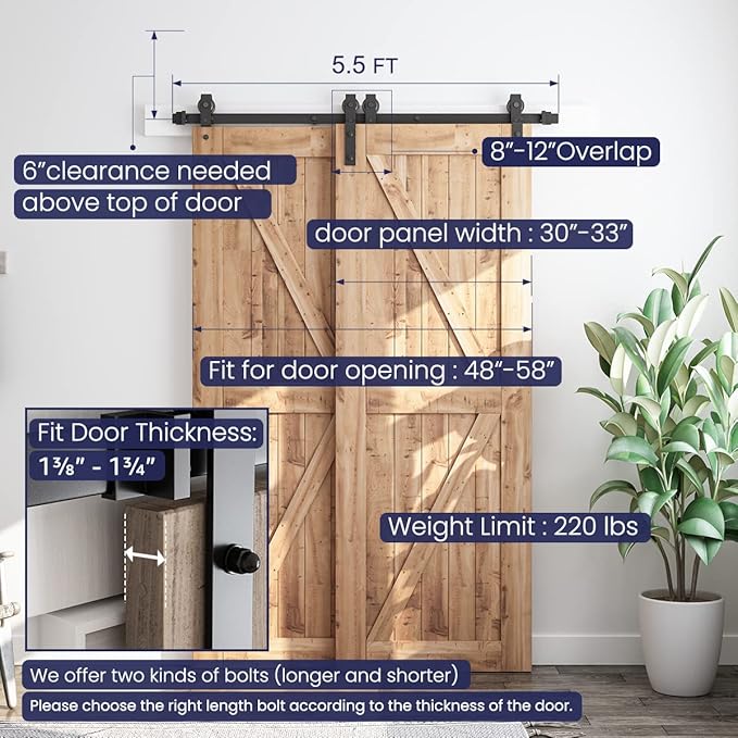 SMARTSTANDARD 5.5 Feet Bypass Sliding Barn Door Hardware Kit - for Double Wooden Doors-Single Track - Smoothly & Quietly - Easy to Install-Fit 54" Opening
