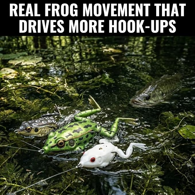 Lunkerhunt Topwater Frog Lures Fishing Lures Kit (3-Pack) | Most Realistic Frog Soft Swimbaits with Weedless Hooks for Freshwater | Combat, Popping Frog for Bass Trout Pike Snakehead Bluegill