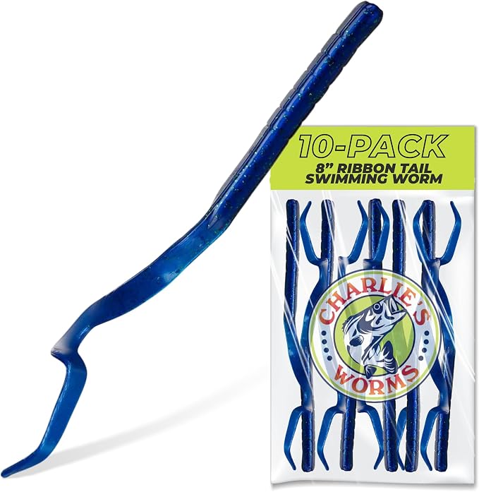 Charlie's Worms Artificial Fishing Bait 8" Ribbon Tail Swimming Worm, Freshwater Saltwater Bass Soft Lures Scented 10pk