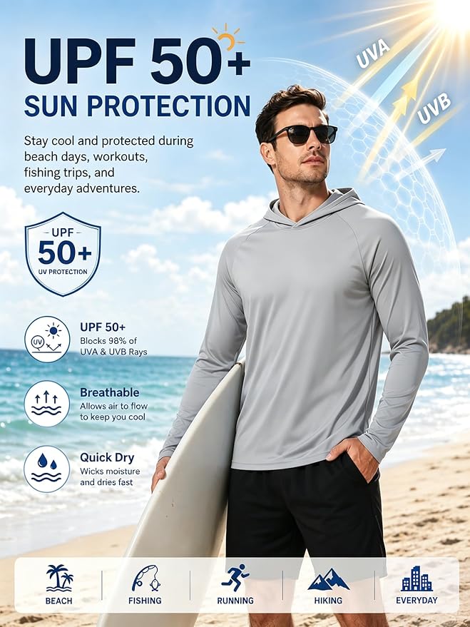 ZITY 3 Pack Men's Sun Protection Hoodie Shirt Fishing Shirts for Men UPF 50+ Long Sleeve Shirt Lightweight Rash Guard
