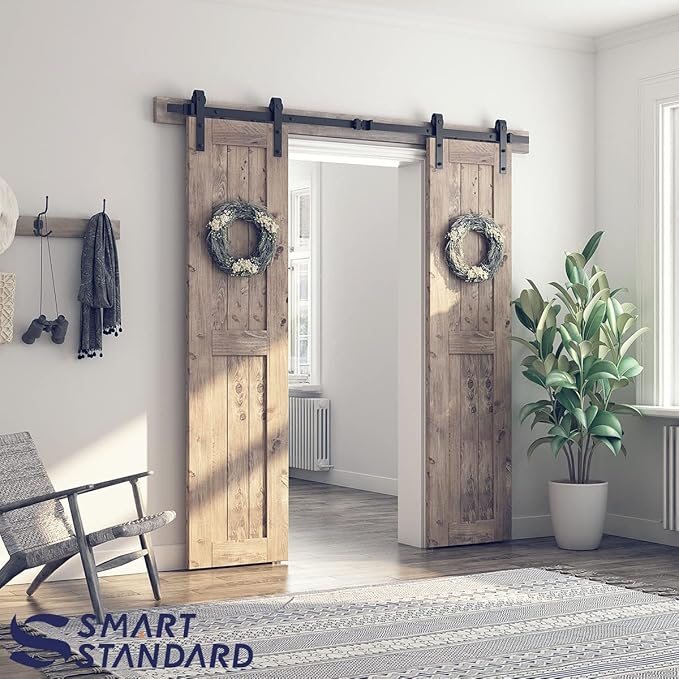 SMARTSTANDARD 7 FT Double Barn Door Hardware Kit, Sliding Door Track-Smoothly and Quietly -Includes Detailed Installation Fit 21" Wide Doorpanel (J Shape Hanger) Black
