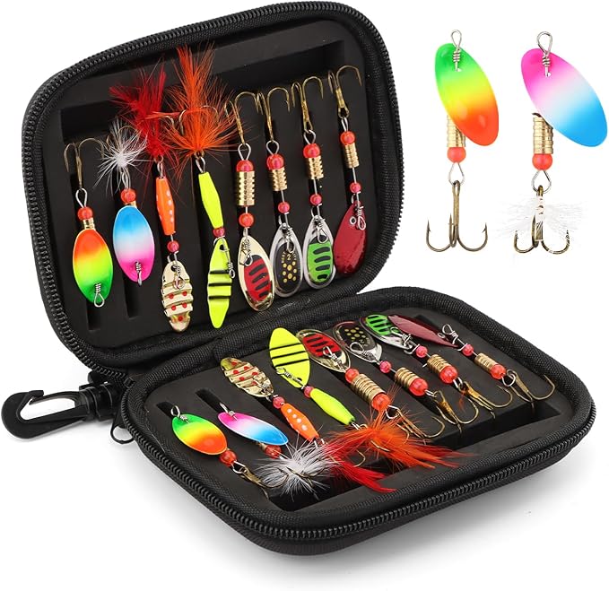 16pcs Fishing Lures Spinner Baits Kit, Metal Bass Trout Lures with Portable Carry Bag, Fishing Gears Spinnerbait Spoons Baits for Freshwater Saltwater Trout, Gifts for Men