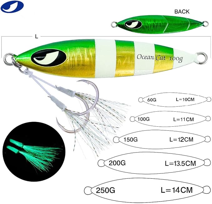 OCEAN CAT Lead Metal Flat Slow Fall Pitch Fishing Jigs Lures Sinking Vertical Jigging Bait with Butterfly Hook for Saltwater Fishing