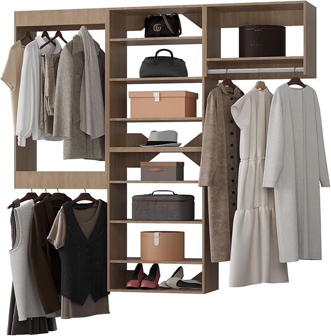 ROOMTEC Modular Closet System, 72" Wall-Mounted Closet Organizer with Hanging Rods, Modern Wooden Tower for Walk-In Closets, Wardrobe Storage Kit, Wood