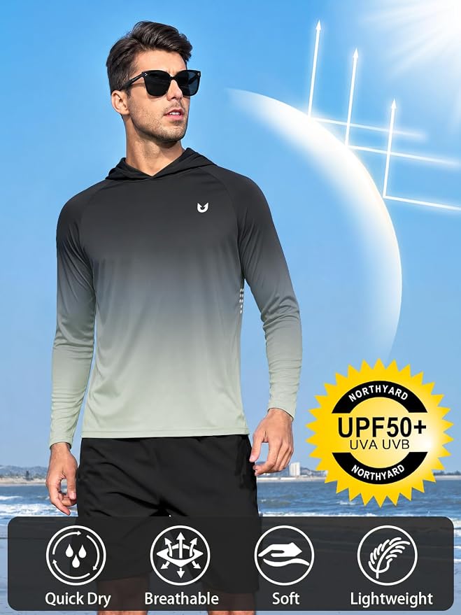 NORTHYARD Men's UPF 50+ Rash Guard Hoodie Long Sleeve Sun Protection Shirt Fishing Swim Beach Hiking Quick Dry Lightweight