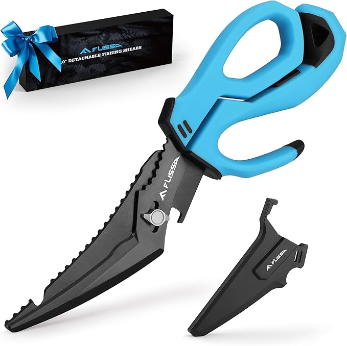 FLISSA 10" Fishing Scissors, Stainless Steel Detachable Kitchen Scissors, Fishing Shears with Fin Clipper & Fish Scaler, Non-Slip Grip, Protective Sheath
