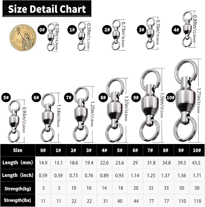 FishTrip Fishing Swivels with Split Rings, 25/50pcs Ball Bearing Swivel Speed Clips Stainless Quick Change Connector for Saltwater