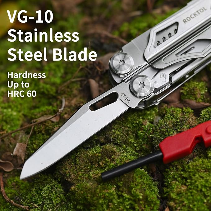 ROCKTOL Multitool SK04, VG-10 Blade, 22-in-1 Multi-tool Pliers with Fire Starter, Emergency Whistle, Glass Breaker, Safety Locking and Nylon Sheath for Survival, Camping, multi tool for men