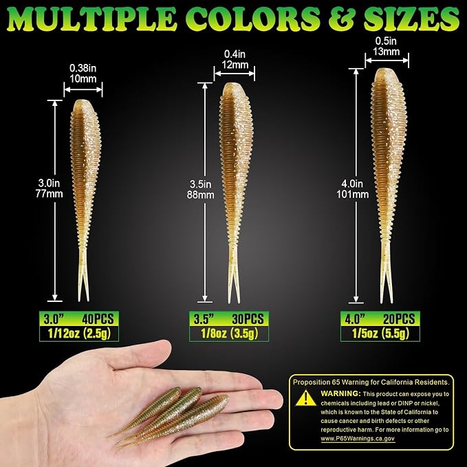 LUCKYFISHING Soft Plastic Baits 20PCS/30PCS/40PCS Forked Tail Fishing Soft Bait for Bass Walleye Trout Crappie Lures 3in/3.5in/4in