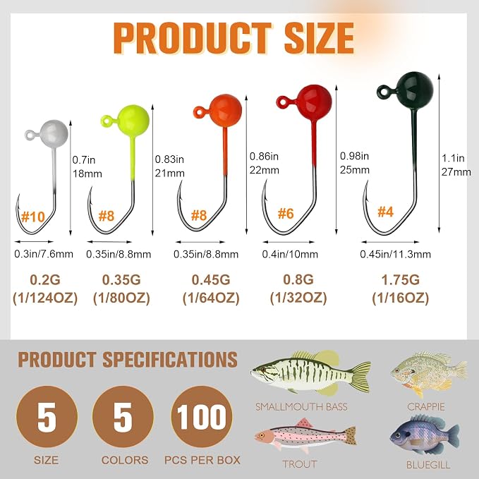 Dovesun 100pcs Fly Tying Jigs Kit, Jig Heads for Fly Fishing 1/124oz 1/80oz 1/64oz 1/32oz 1/16oz Jig Head Small Fly Fishing Hooks DIY Lure Making Kit Suit for Tying Flies | Crappie Lures