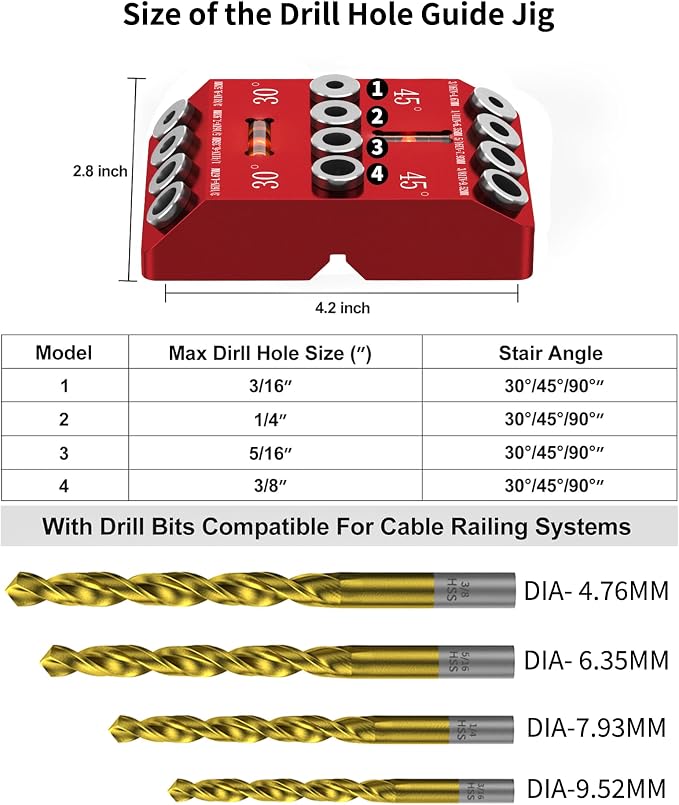 30 45 90 Degree Angle Drill Guide Jig for Hand Drill, Angle Drill Guide for Straight Holes and Angle Drilling, used for Stairs Handrails, Cable Railings, Decks, and Wood Posts Level design，with 4 Bits