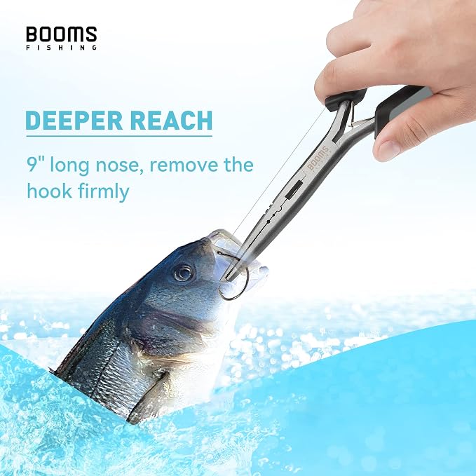 Booms Fishing F03 Needle Nose Fishing Pliers, 9" Fisherman's Pliers, Long Nose Hook Remover, Saltwater Resistant Fishing Gear