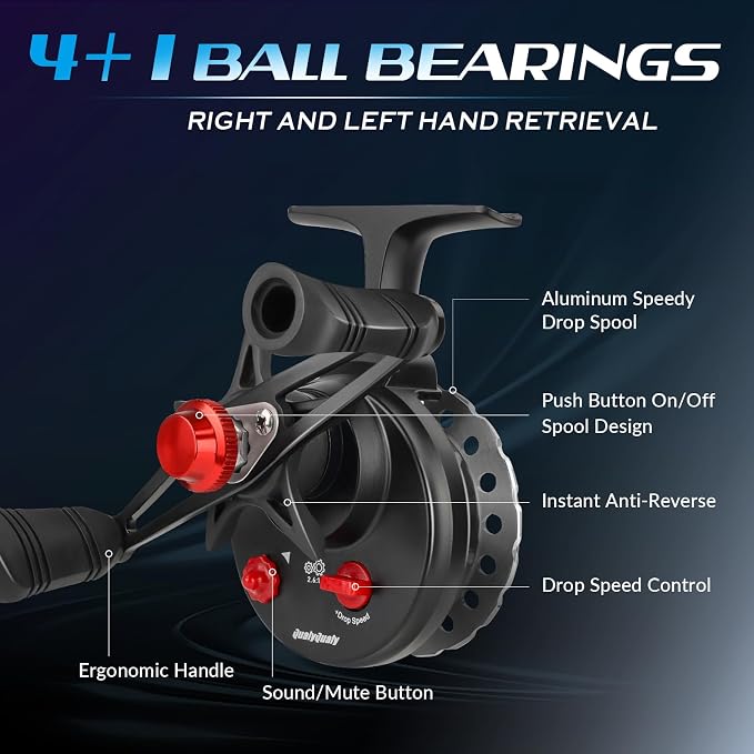 QualyQualy Ice Fishing Rod and Reel Combo 24 inch M/ML Inline Ice Fishing Combos 2 Different Tips for Walleye Perch Panfish and Trout