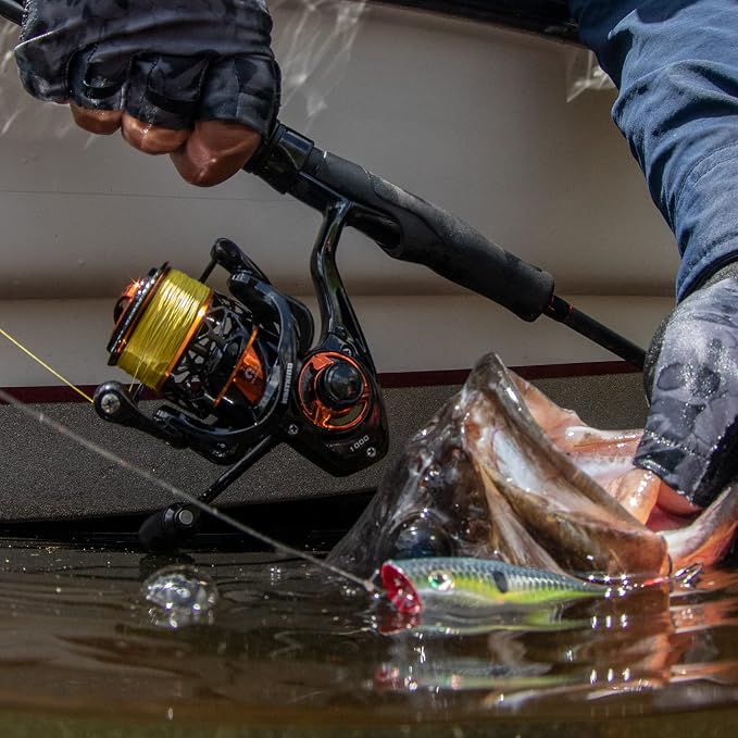 KastKing Zephyr Spinning Reels – 7+1/6+1 BB – Carbon Fiber Drag – Stainless Steel Shaft – Aluminum & CNC Spool – Black/Green/Orange – Sizes 500/1000 SFS – ICE Fishing Ready Reels!