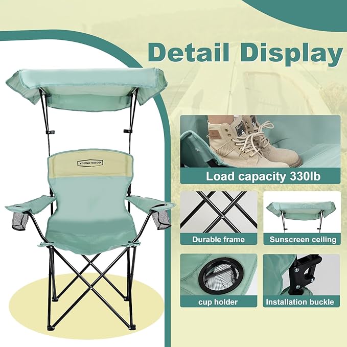 YOUNG WOOD Camping Chair with Canopy, Beach Chair with Shade,Portable,Lightweight Oversized for All, Easy to Open and Close Without Installation, Side Pocket Design for All Outdoor Activities，Blue