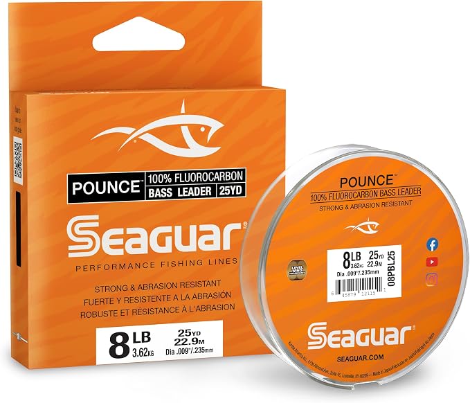 Seaguar Pounce Bass Fishing Leader Line, Freshwater, 100% Fluorocarbon, 25yd Spool, Clear, Multiple Sizes