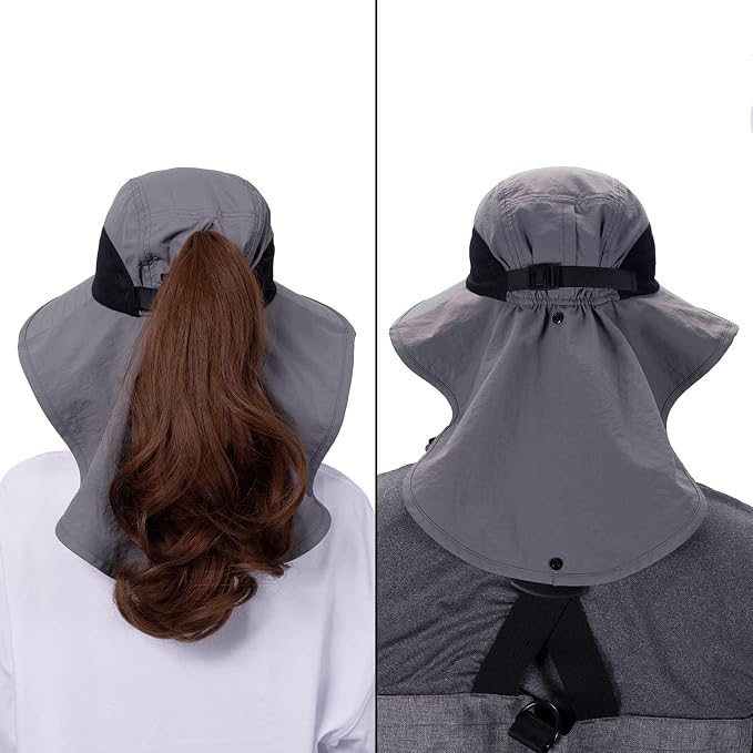 BASSDASH UPF 50+ Unisex Water Resistant Wide Brim Sun Hat with Large Neck Flap Ponytail Fishing Hat for Men Women