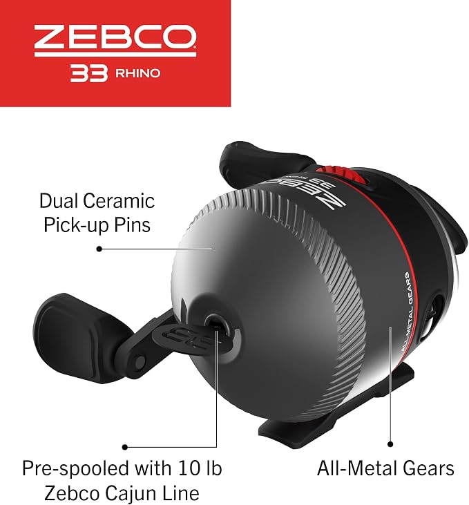 Zebco 33 Rhino Tough Spincast Reel and 2-Piece Fishing Rod Combo, Durable E-Glass Rod with ComfortGrip Handle, Quickset Anti-Reverse Fishing Reel with Bite Alert