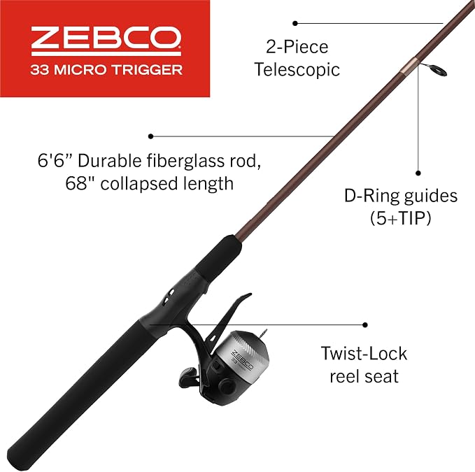 Zebco 33 Micro Trigger Spincast Reel and Fishing Rod Combo, 6-Foot 6-Inch 2-Piece Telescopic Rod, Size 10 Reel, 30-Piece Trout Magnet Tackle