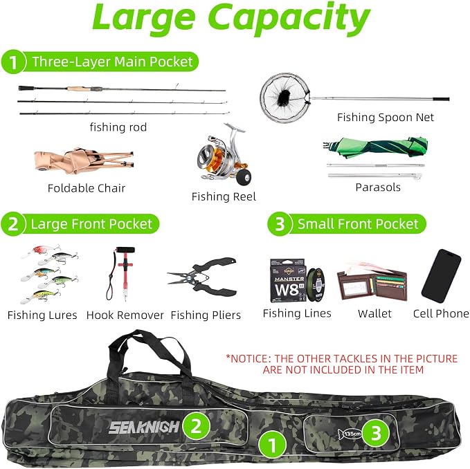 Seaknight Portable Fishing Rod Case - 2 Sizes (53.15in/59.0in) Oxford Fabric Tackle Storage Bag for Travel, Durable Rod Carrier for Freshwater & Saltwater Anglers (Black Camou, 150cm/ 59.0in)