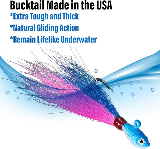 Dr.Fish 3 Pack Bucktail Jig Lure Hair Jig Saltwater Freshwater Lures Surf Fishing Bass Flounder Striper Bluefish Halibut Redfish