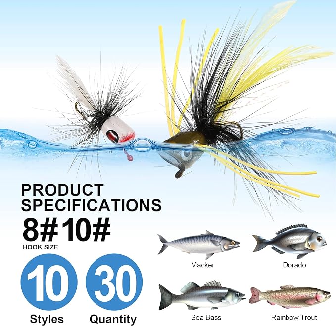 30 Pieces Fishing Lures Kit Bass Poppers Lures Colorful Fishing Bait with Hooks for Freshwater Panfish Assortment(Size 8 and 10