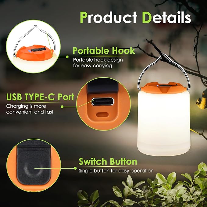 BOBKID LED Camping Lantern, Rechargeable Camping Light, 4 Modes Outdoor Flashlights Lanterns with 1000LM, Water Resistant Portable Emergency Camp Light for Hurricane Hiking Survival Kits - Orange