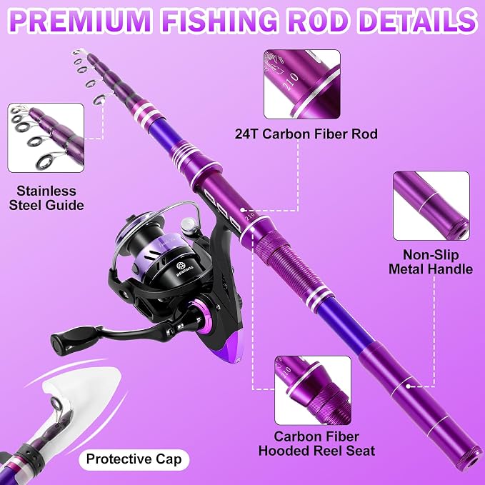 Carbon Fiber Fishing Rod and Reel Combos, Portable Telescopic Fishing Pole with Spinning Reel, Travel Bag for Saltwater Freshwater