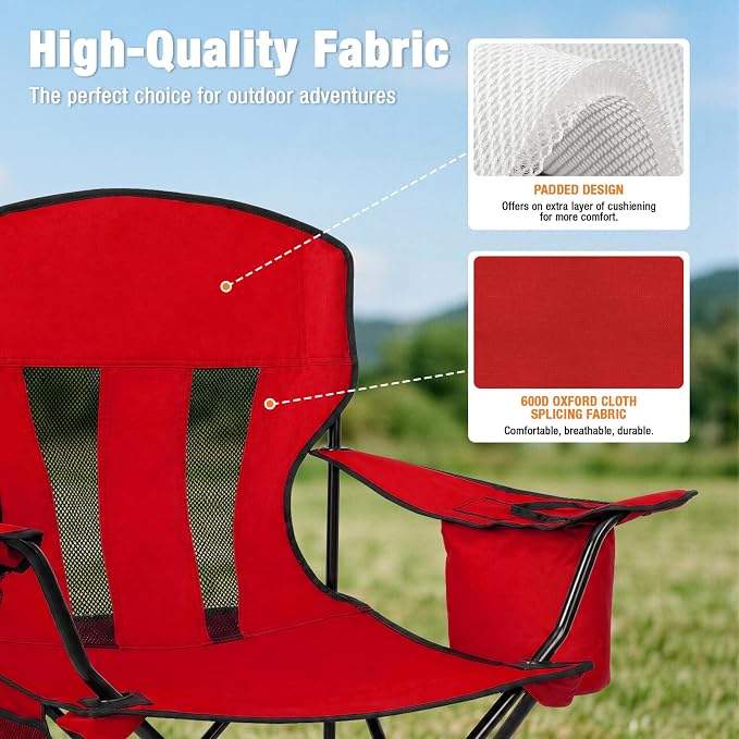 Camping Chairs for Adults 2 Pack, Folding Chair with 4-Can Cooler Bag & Cup Holder, Portable Heavy Duty Outdoor Chair for Camping, Beach, Lawn, Fishing, Red