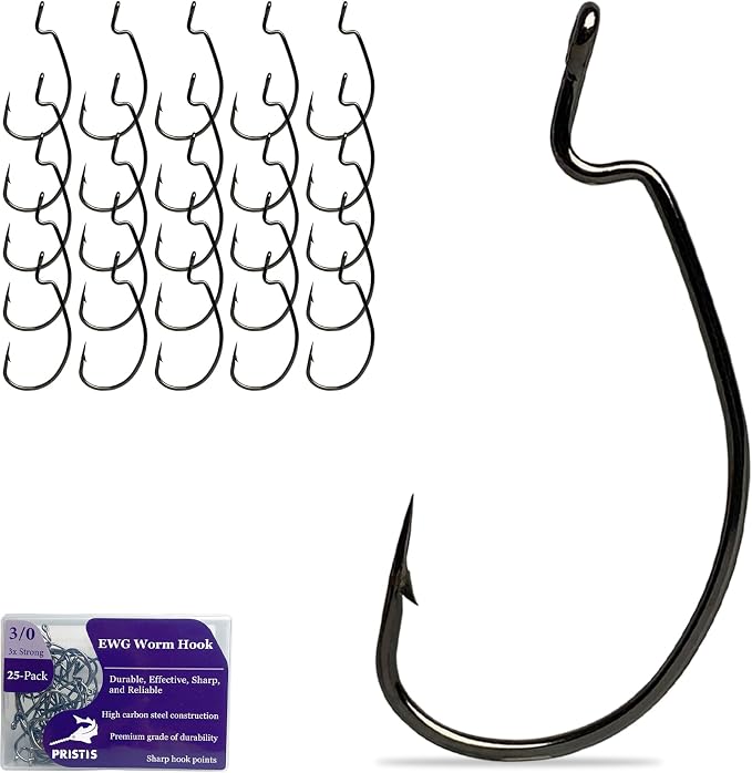 Pristis 25 Pack High Carbon Steel Fishing Hooks, Reinforced EWG Circle Octopus Round Bend 60 Degree Wide Gap Strong Barbed Worm Fish Hook Jig Bait Rig for Saltwater Freshwater Bass Tuna Walleye Trout