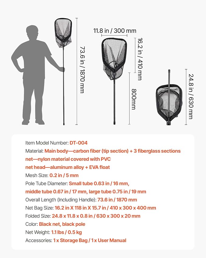 VEVOR Fishing Net, Landing Nets with Telescopic Handle Lightweight and Stronger Fish Gear, Durable and Fish-Friendly, for Kayak, Boat, Bank, Pond