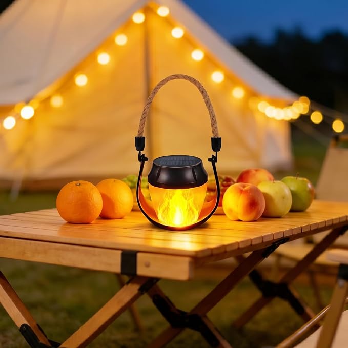 Toodour 2 Pack Hanging Solar Lantern Outdoor - Solar Lantern with Flickering Flame, Waterproof Hanging Lights for Camping, Patio, Deck, Yard, Path, Outdoor Decorations
