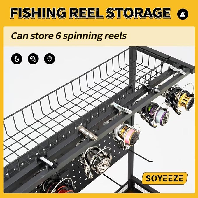SOYEEZE Fishing Rod Holders for Garage,Fishing Gear Holder for Fishing Rod Tackle Box Storage，Fishing Pole Holders for 12 Rods with Hooks and Pegboard,Fishing Cart with Reel Rack, Large Size