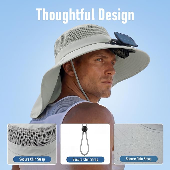 Short Brim Sun Hat with 1 Solar Fan & Neck Flap for Men Women UPF 50+ Outdoor for Garden Fishing Beach Essential