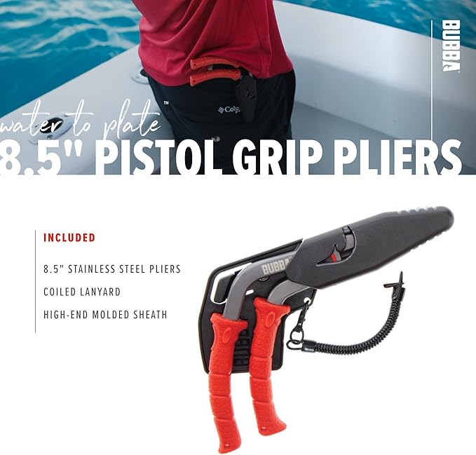 BUBBA Pistol Grip Stainless Steel Pliers, Spring Loaded with Crimping Tool and Anvil Cutter, Lanyard Hold and Sheath