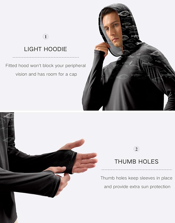 Pudolla Men's Sun Protection Hoodie Shirts UPF 50+ Rash Guard SPF Long Sleeve Fishing Shirt for Men Swim Hiking Boating