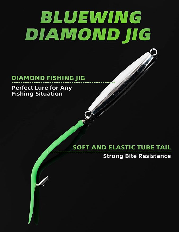 BLUEWING Diamond Jigs Fishing Saltwater Lure 1oz,2oz,3oz,4oz 1pc with Split Tube Tail and Stainless Steel Hook