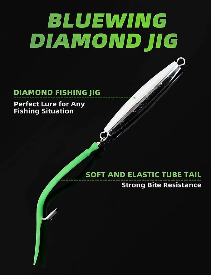 BLUEWING Diamond Jigs Fishing Saltwater Lure 1oz,2oz,3oz,4oz 1pc with Split Tube Tail and Stainless Steel Hook
