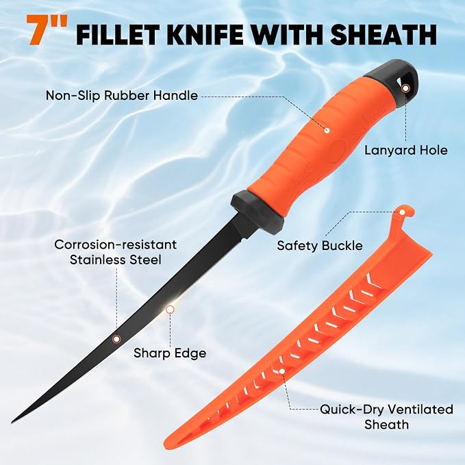 SHALL Fishing Tool Kit, Corrosion Resistant Fishing Gear and Equipment - Fishing Pliers, Fillet Knife, Fishing Scissors, Fish Lip Gripper, Fishing Ruler, Lanyard - Premium Fishing Tools for Men Women