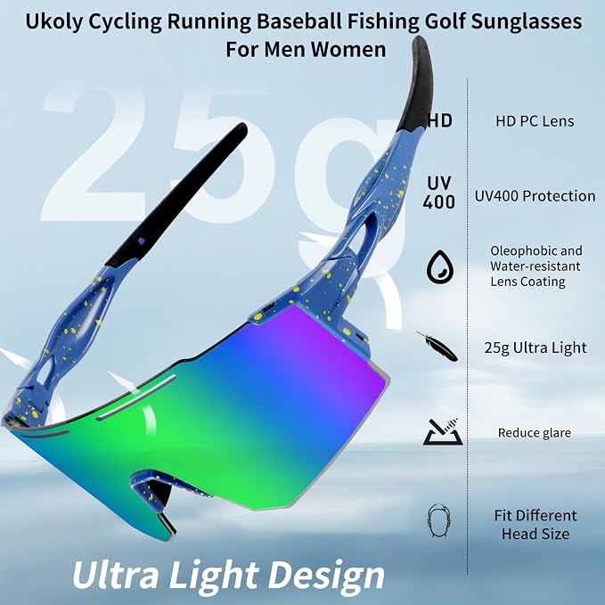 Ukoly Cycling Sunglasses for Men Women with 3 Interchangeable Lenses, Polarized Sports Sunglasses, Baseball Sunglasses