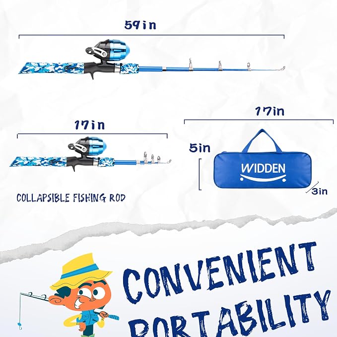 WIDDEN Kids Fishing Pole, Portable Telescopic Kids Fishing Poles for Boys and Girls, Fishing Rod and Reel Combo Kit with Tackle Box, and Fishing Net, Best Fishing Pole for Toddler Youth