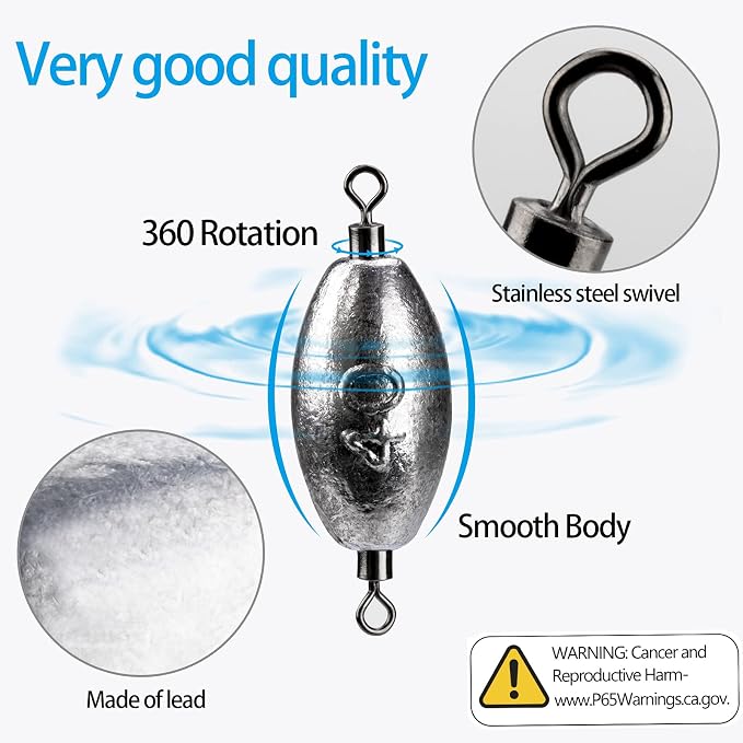 THKFISH Fishing Weights Inline Weights Trolling Sinkers Swivel Weights Quick Set Up Lead Fishing Sinker with Inner Swivel