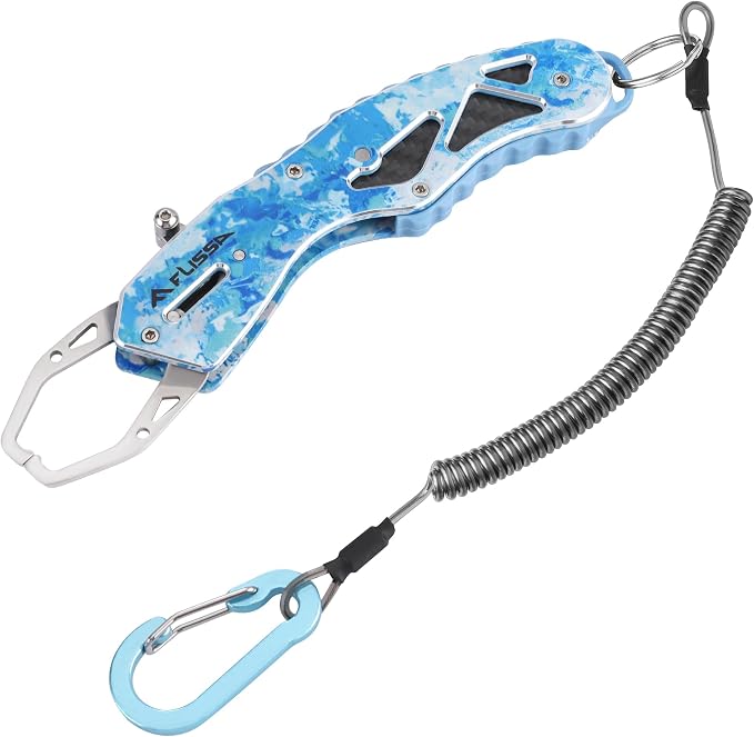 FLISSA 7" Camo Fish Gripper, 40 Pound Lip Gripper with Aluminium Alloy Handle, Stainless Steel Grabber with Carabiner and Spring Anti-Lost Rope, Lightweight Holder for Fishing