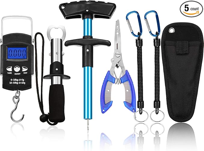 Honoson Fishs Hook Remover Tools Kit Include 1 Pcs Handheld Digital Fish Scale and Fishing Hook Remover Tool and Fish Lip Gripper and Fishing Plier with Sheath and 2 Pcs Fishs Tool Lanyards