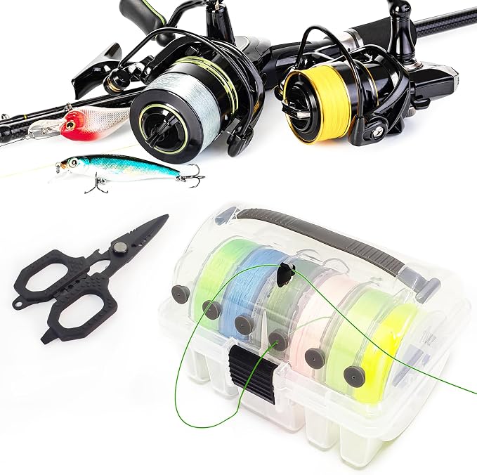 Aventik Clear Fishing Line Organizer Built-in Cutter & Silicone Holes 6C/8C Clear Tangle Free Spool Storage Box for Fishing Line Management