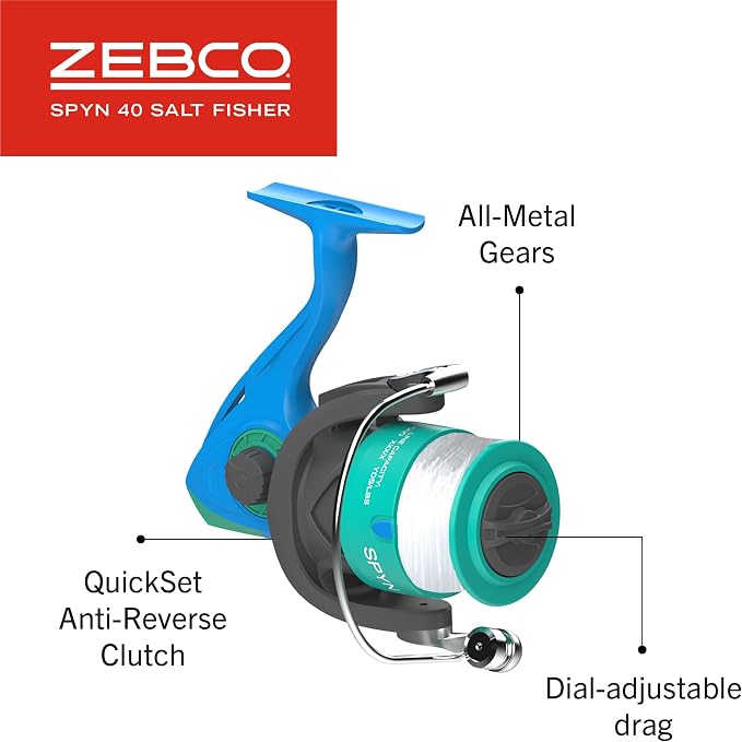 Zebco Spyn 40 Salt Fisher Spinning Reel and Fishing Rod Combo, 6-Foot 6-Inch 2-Piece Telescopic Rod, Size 40 Reel, 7-Piece Strike King Tackle Kit