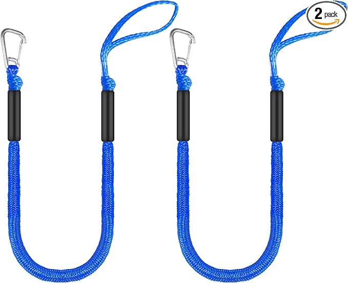 Boat Bungee Dock Lines – Adjustable Boat Tie Downs for Pontoon, Jet Ski, PWC, Kayak | Single Hook Small Cruiser Mooring Lines (2, Blue, 4 Feet)