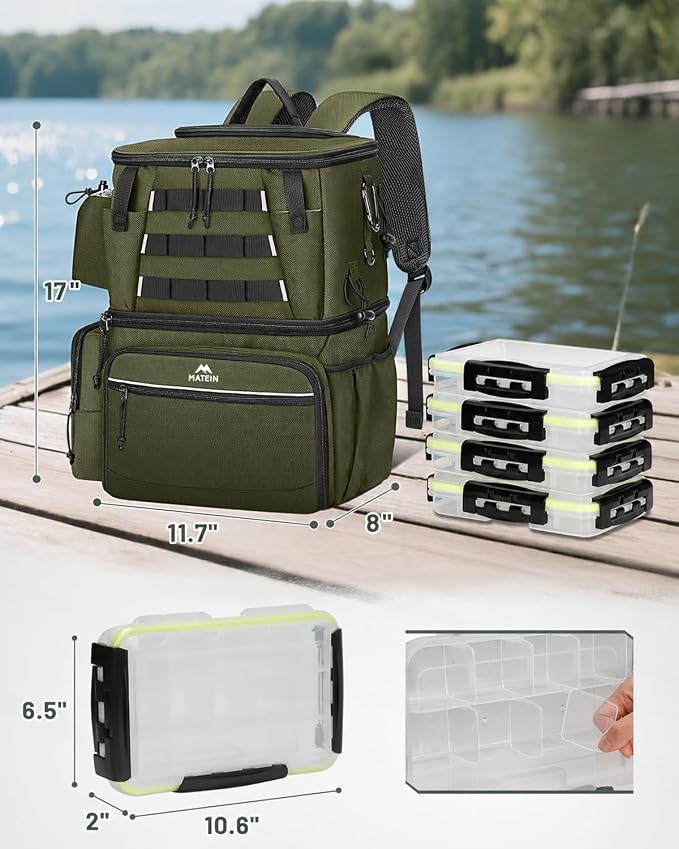 MATEIN Fishing Backpack with 4 Tackle Boxes, Fishing Bag with Rod Holder & Safety Compass & Cooler, Gifts for Fishermen